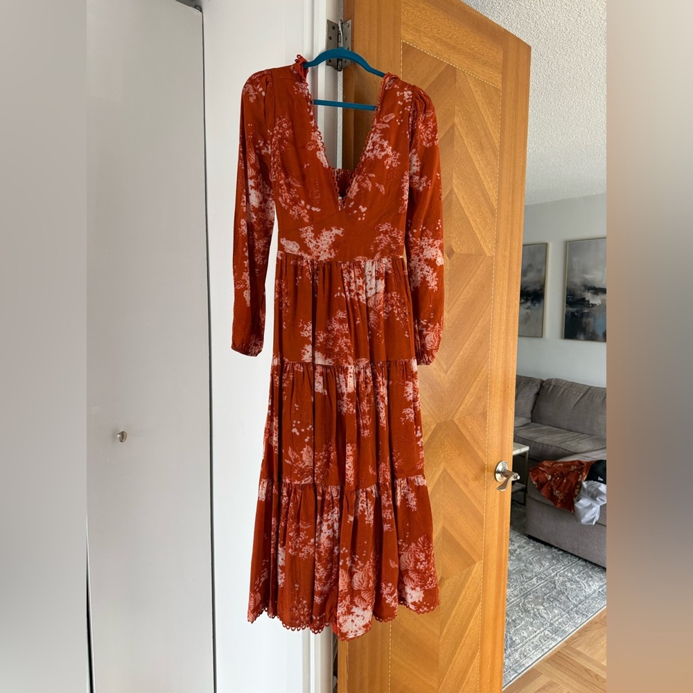 Striking Impression Orange Floral Print Tiered Midi Dress